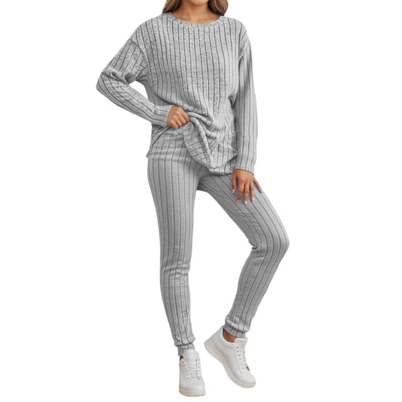 Vividxx Women's Knit Trousers Suit Set Autumn Winter Fashion Casual Loose Fit Round Neck Ribbed Stretch Comfortable Outfit Fashion