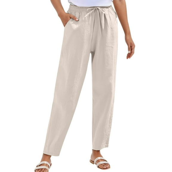 Vividxx Women's Pants Womens Linen Straight Leg Pants Elastic Drawstring Casual Trousers With Pockets Summer Beach Pants Vacation Trousers