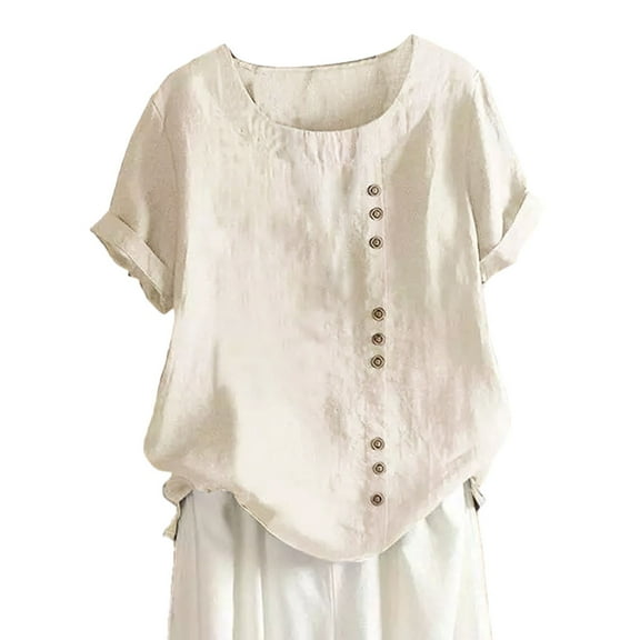 Vividxx Women's Solid Color Round Neck Raglan Sleeve Hem Slit Loose Short Sleeve Button Decoration Casual Tops T Shirt Fall Outfits 2025