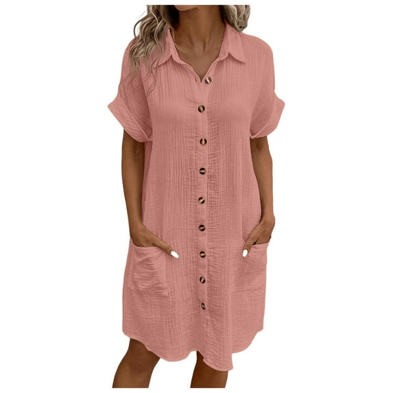 Vividxx Womens Dresses Comfortable New Casual Solid Color Button Mid Length Short Sleeve Loose Shirt Casual Dress Comfortable