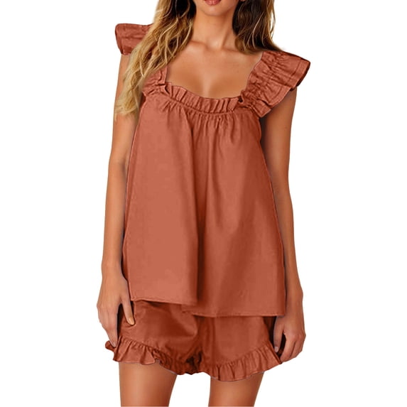 Vividxx Womens Pajama Sets 2 Piece Outfits Sleeveless Sleepwear Ruffle Crop Top And Casual Shorts Loungewear Outfit Fashion