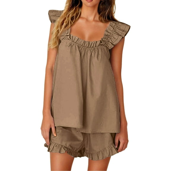 Vividxx Womens Pajama Sets 2 Piece Outfits Sleeveless Sleepwear Ruffle Crop Top And Casual Shorts Loungewear Outfit Loungewear