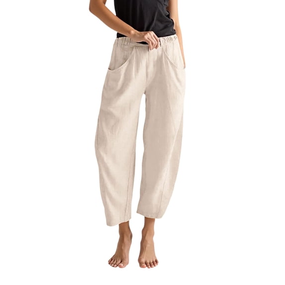 Vividxx Womens Pants Womens Linen Wide Leg Pants Casual Loose Elastic Waisted Ankle Trousers Barrel Beach Pant Summer Slacks With Pockets Comfy Vintage