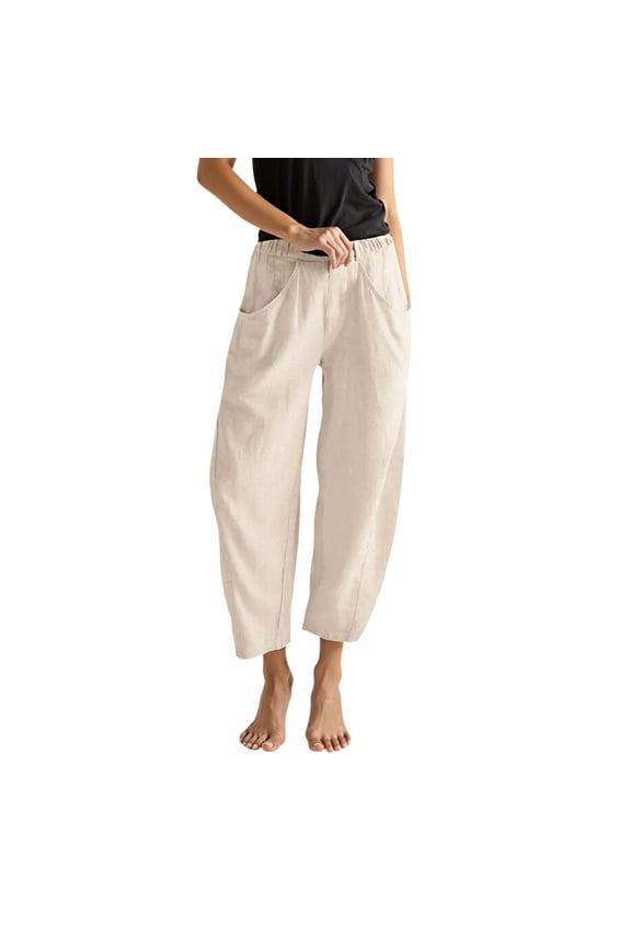 Womens Pants Womens Linen Wide Leg Pants Casual Loose Elastic Waisted Ankle Trousers Barrel Beach Pant Summer Slacks With Pockets Comfy Vintage