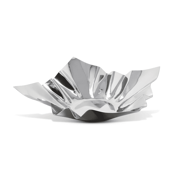 Vivience Fol Square Crushed Decorative Serving Bowl Stainless Steel Metal Bowl, 12 Inch, Silver