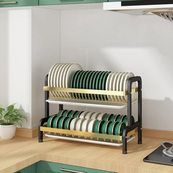 Viviendo 2 Tier Dish Rack, Gold Black, X-Large