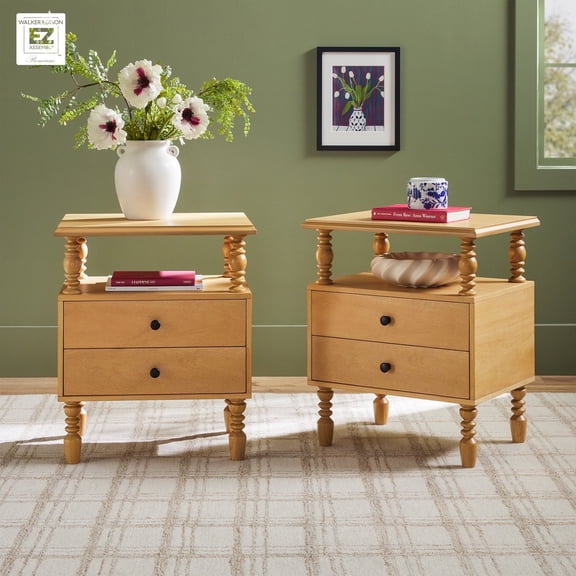 Vivienne Walker Edison Easy Assembly Solid Wood Spindle 2-Drawer Nightstand, Set of 2 - Natural