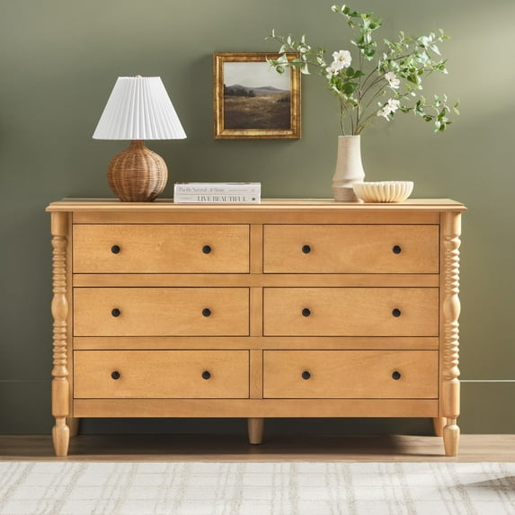 Vivienne Walker Edison Easy Assembly Solid Wood Spindle 6-Drawer Dresser - Natural