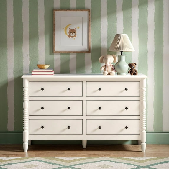 Vivienne Walker Edison Easy Assembly Solid Wood Spindle 6-Drawer Dresser - White