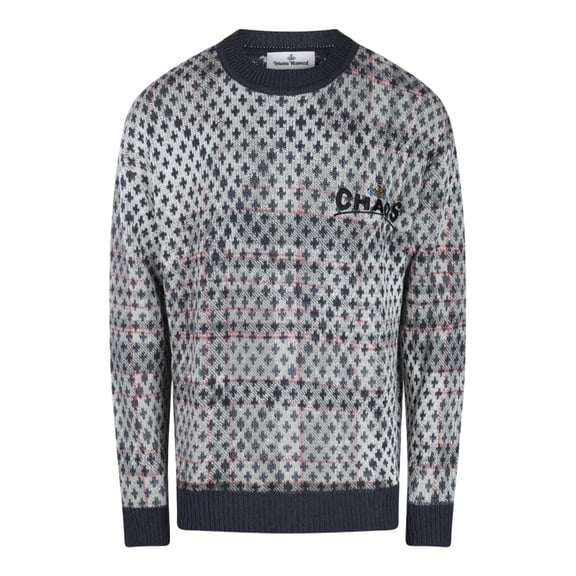 Vivienne Westwood Patterned Grey Knit Sweater With Embroidered 'Chaos' (Men's)