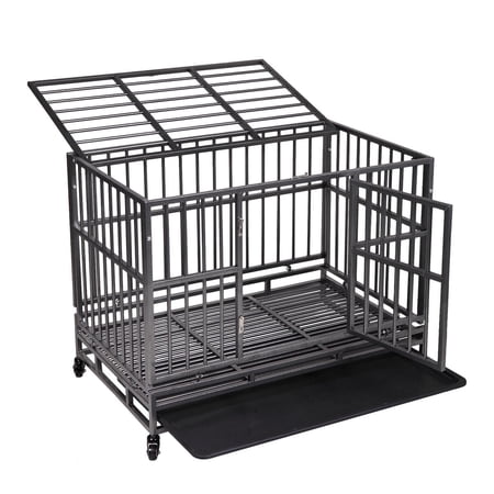 Vivifying 37 Inch Metal Dog Kennel Cage Crate with 4 Universal Wheels, Openable Flat Top and Front Door, Black 37"L x 29"H