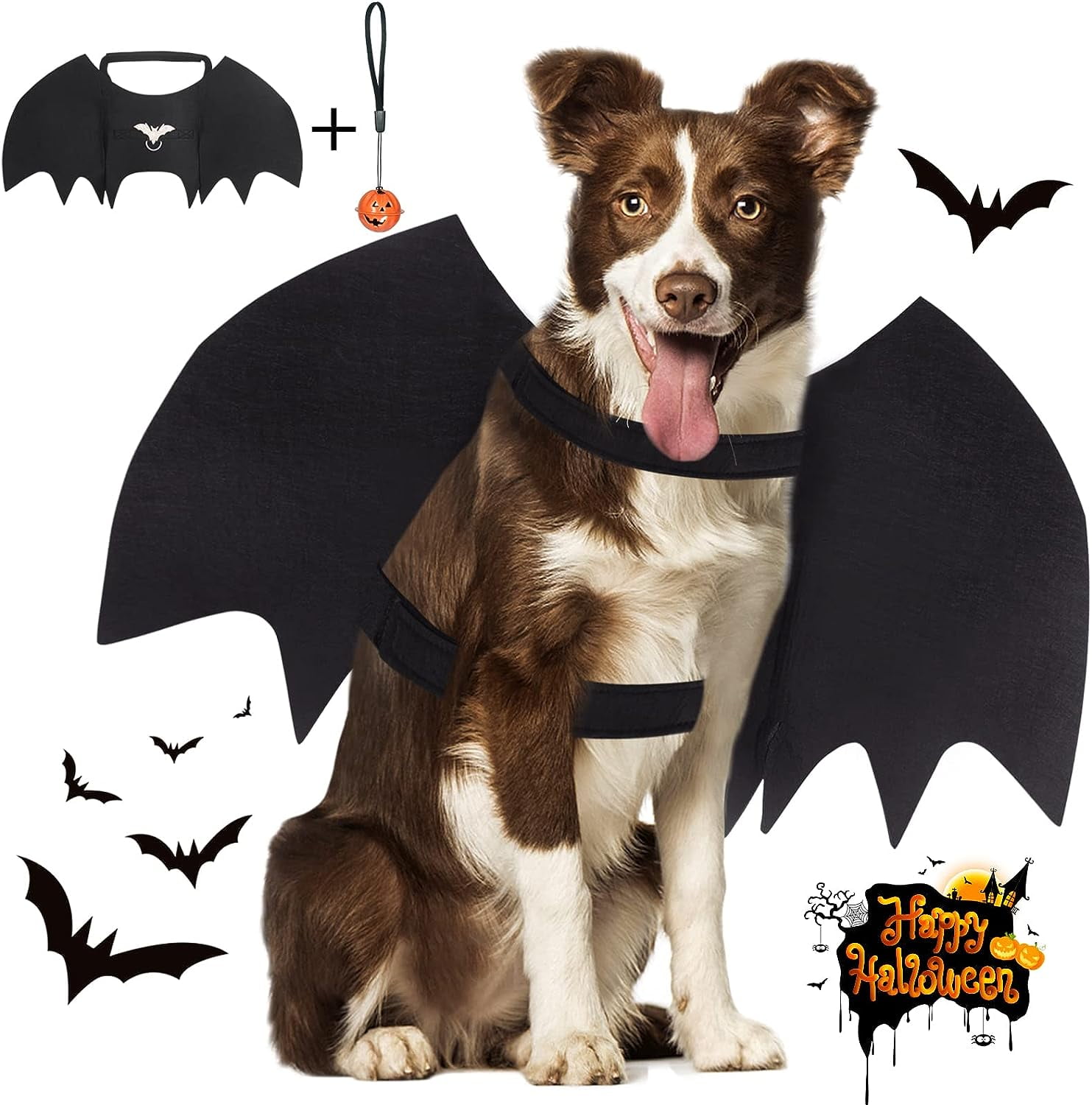 Vivifying Bat Wings for Dog, Adjustable Halloween Pet Bat Costume with Bell for Medium Large