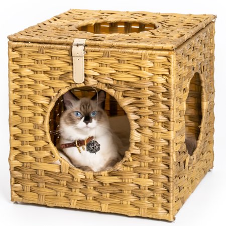 Vivifying Rattan Cat Litter Box, Cat Bed with Rattan Ball and Cushion, Yellowish Brown