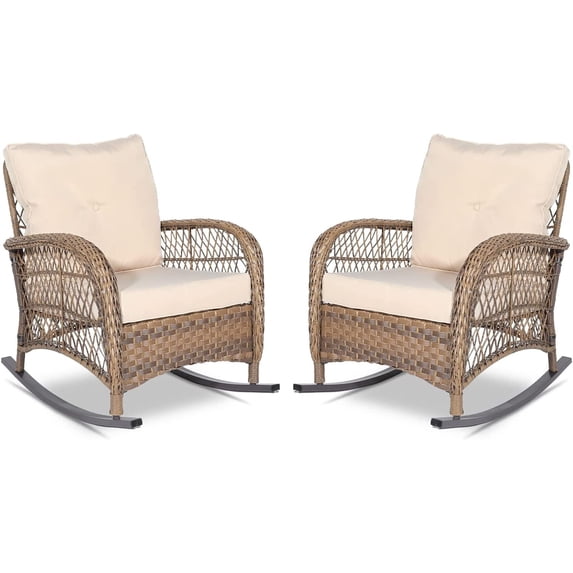 Vivijason Rattan Outdoor Adjustable Height Rocking Chair with 4 Cushions, Beige (Set of 2)