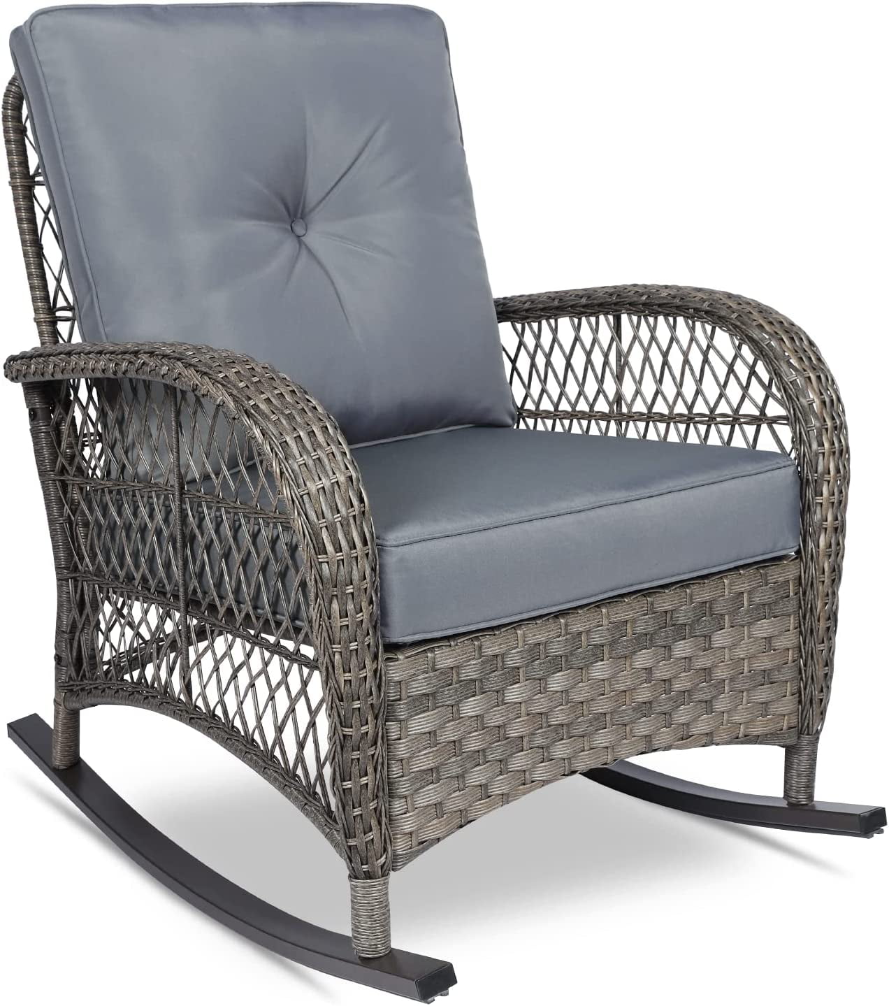 Gray Wicker Outdoor Rocking Chair with Steel Frame and Cushions