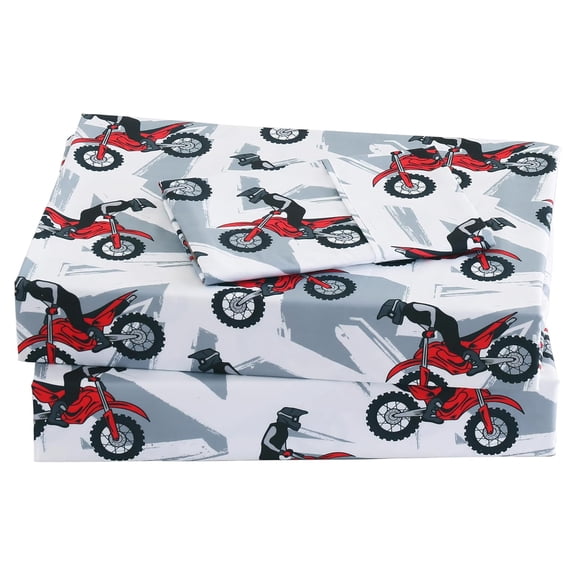 Viviland 3 Pieces Boys Grey Twin Sheet Set - Soft Microfiber Fitted Flat Sheets & Pillowcase - Red Motorcycle Print Bedding Sets - for Kids & Toddlers