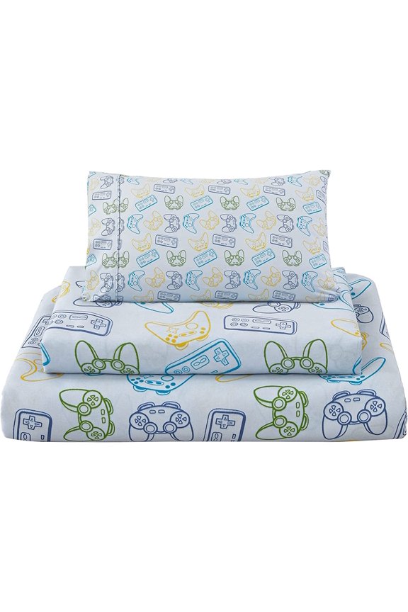 4 Pieces Boys Grey Full Sheet Set - Soft Microfiber Fitted Flat Sheets & Pillowcase - Game Player Paddle Printed Bedding Sets - for Kids & Toddlers