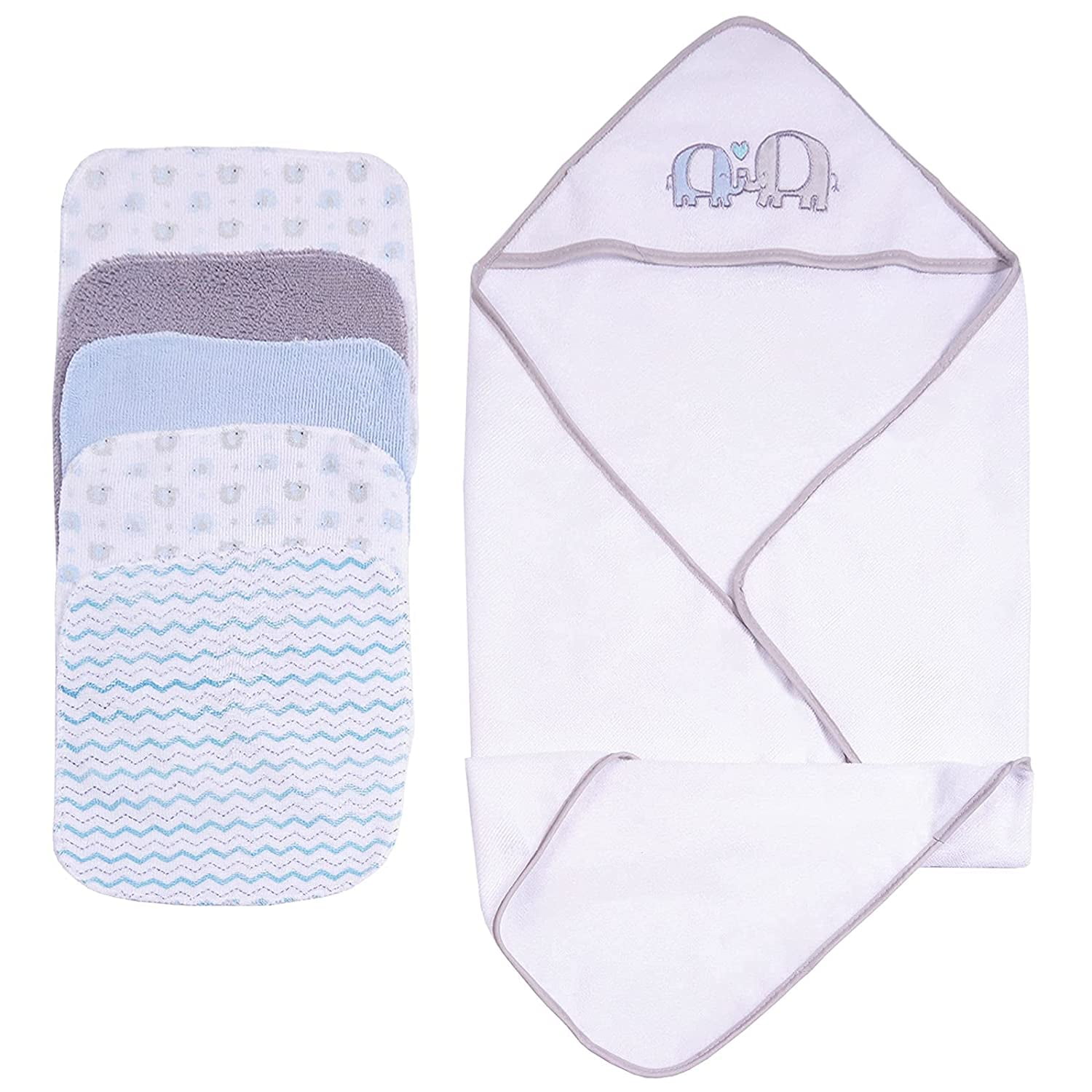 Viviland Baby Hooded Bath Towel and Washcloths 6 Pack for Newborn and Infants, Gray Elephant