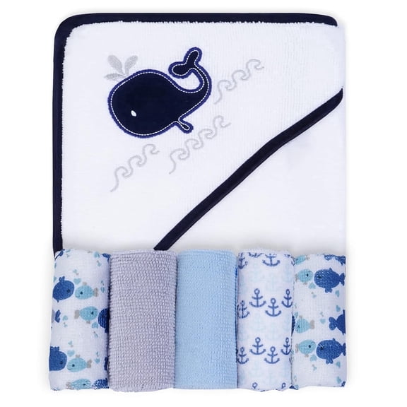 Viviland Baby Towels and Washcloths, Soft Absorbent Baby Boy Bath Towel Set, Whale Hooded Towels with 5 Infant Washcloths (6 Pieces)