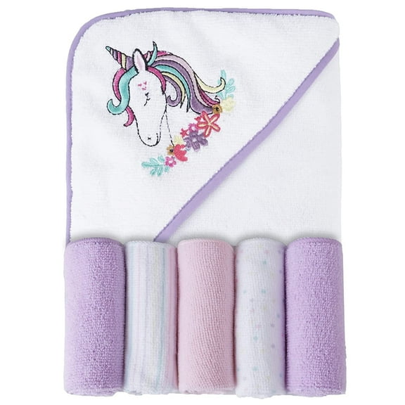 Viviland Baby Towels and Washcloths, Soft Absorbent Baby Girl Bath Towel Set, Unicorn Hooded Towels with 5 Infant Washcloths，(6 Pieces)