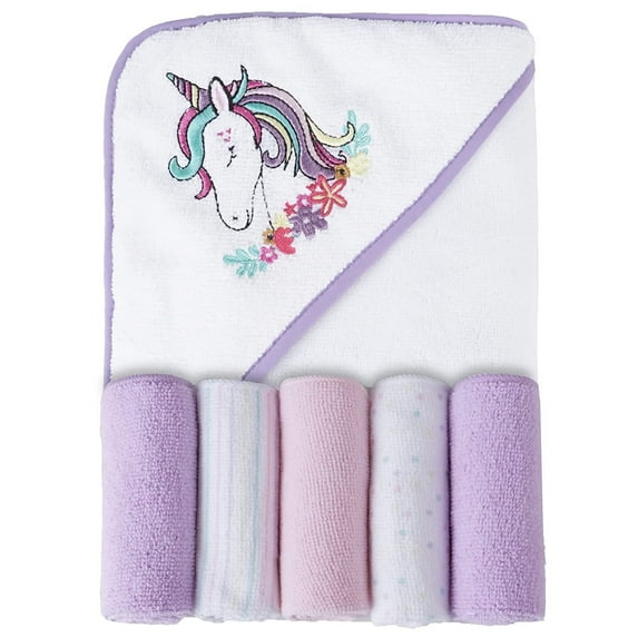 Viviland Baby Towels and Washcloths, Soft Absorbent Baby Girl Bath Towel Set, Unicorn Hooded Towels with 5 Infant Washcloths,(6 Pieces)