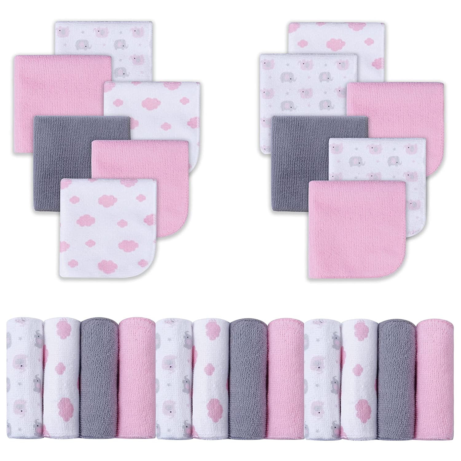 Viviland Baby Washcloths, Pack of 24 with Pink Elephant Pattern, Super