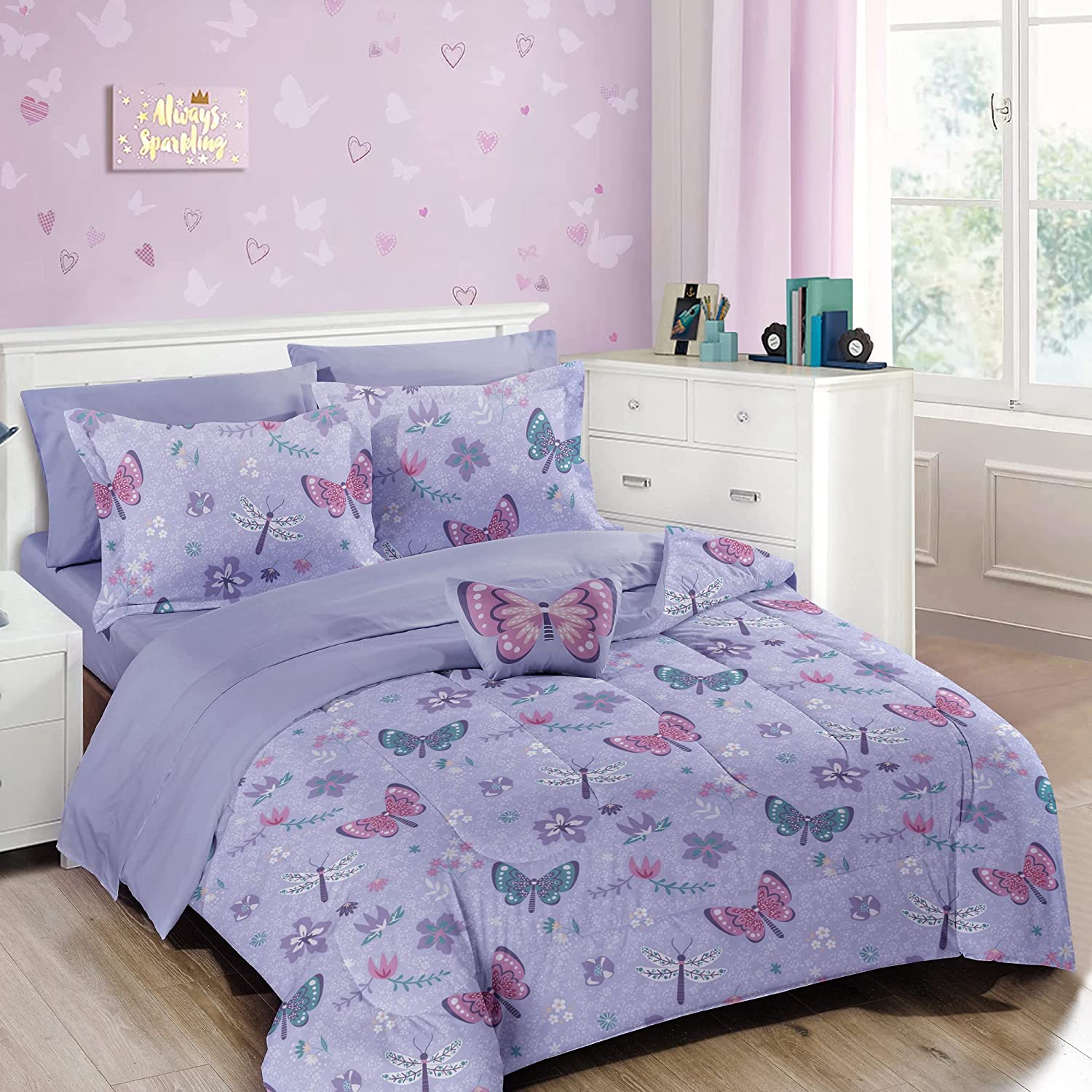 Viviland Bed in a Bag for Kids Girls Teens 8 Pieces Full Size Comforter Bed Set with Shams Sheet Set and Decorative Toy Pillow Butterfly Purple Super Soft Microfiber Kids Comforter Bedding