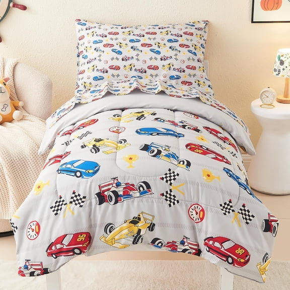 Viviland Race Cars Toddler Bedding Set for Boys, 4 Piece Bed-in-a-Bag Toddler Comforter Sets, Super Soft Comforter Sheet Set and Comfortable