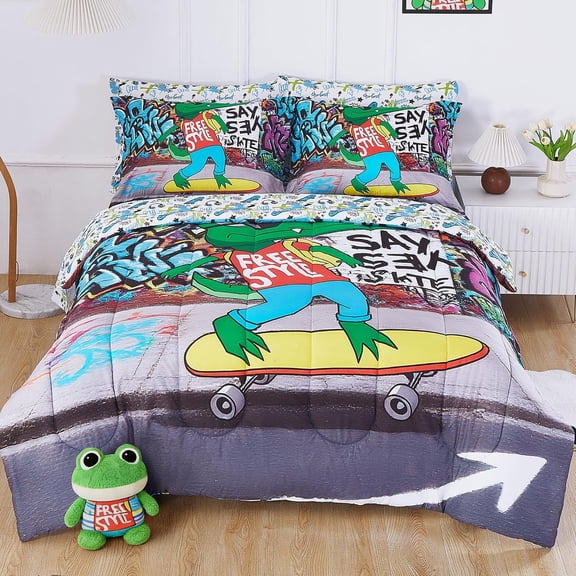 Viviland Cool Croc Skateboarder Kids Bedding Set Twin Size, Soft Bed in a Bag Comforter Set with Street Graffiti Theme, All-in-One Bedroom Cover Set for Boys Children
