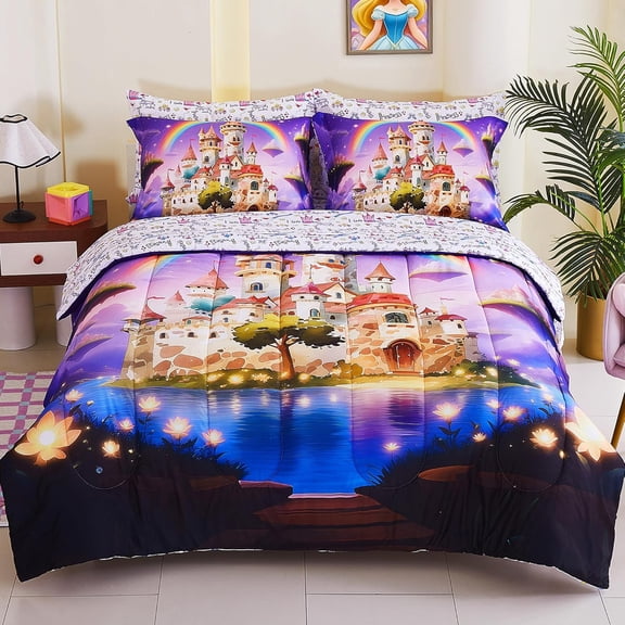 Viviland Enchanted Rainbow Castle Kids Bedding Set Twin Size Comforter Sets, Bed in a Bag Magical Fairy Tale Theme Cover Set for Children