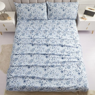Viviland Floral Full Sheets, Soft Breathable Microfiber Printed Bed Sheet Set, Deep Pocket Non-Slip Fitted Sheet Included, Blue Flower Pattern