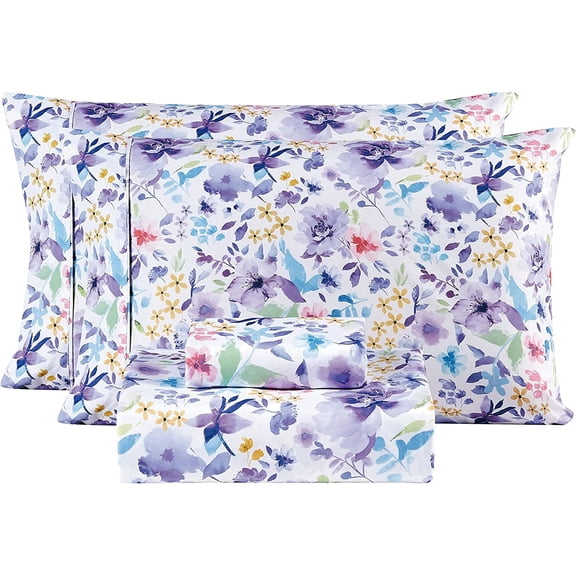 Viviland Floral Full Sheets, Soft Breathable Microfiber Printed Bed Sheet Set, Deep Pocket Non-Slip Fitted Sheet Included, Purple Flower Pattern
