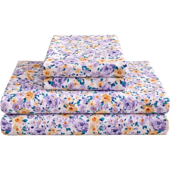 Viviland Floral Full Sheets, Soft Breathable Microfiber Printed Bed Sheet Set, Deep Pocket Non-Slip Fitted Sheet Included