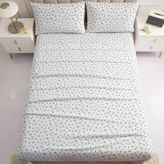 Viviland Floral King Sheets, Soft Breathable Microfiber Printed Bed Sheet Set, Deep Pocket Non-Slip Fitted Sheet Included, Flower Leaf Pattern