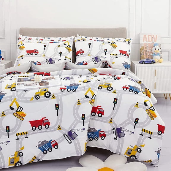 Viviland Kids 7-Piece Road Cars White Bed in a Bag, Full
