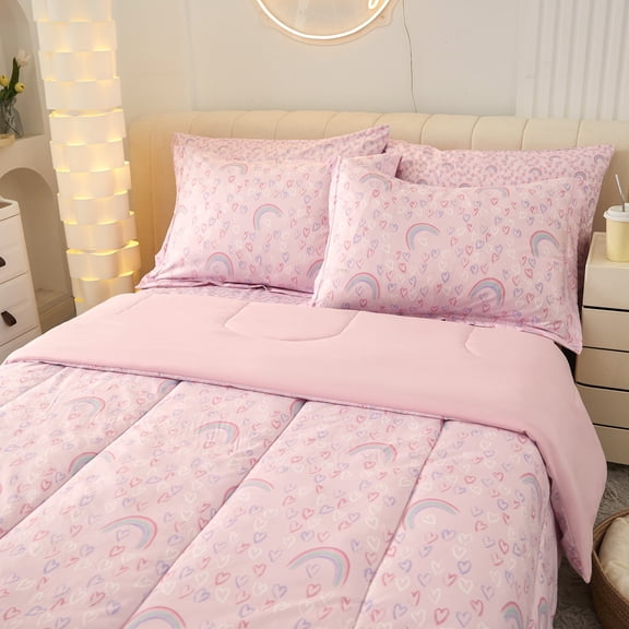 Viviland Full Comforter Set for Girls - Kids Brushed Microfiber Full Bedding Set - 7 Pieces Machine Washable Bed in A Bag with Soft Comforters, Sheet Set, Shams, Pink