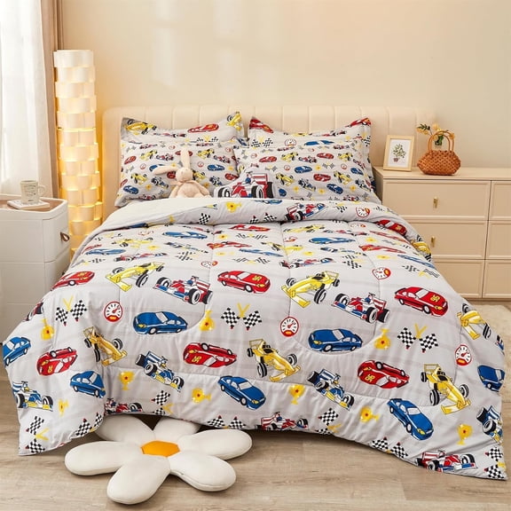Viviland Full Size Comforter Sets for Boys Kids, 8 Pieces Bed in a Bag Racing Car Bedding Comforter Sheet Set with Shams and Decorative Toy Pillow, Ultral Soft Microfiber Kids Bed Set