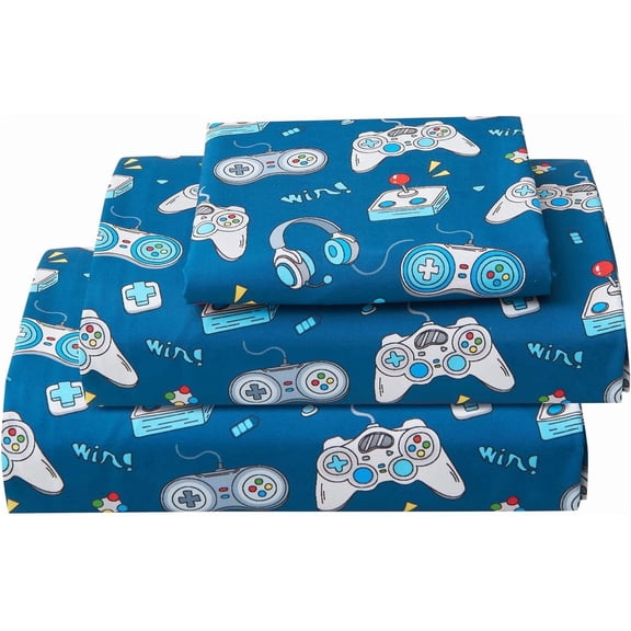 Viviland Kids Bed Sheet Set, 3-Piece Twin Sheets Set, Microfiber Fitted Sheet with 15 Inches Deep Pocket and Corner Straps, Breathable & Silky Soft Game Controller Printed Sheet and Pillowcase Sets