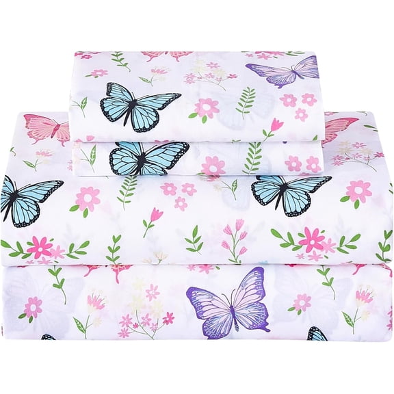 Viviland Kids Bed Sheet Set, 4-Piece Full Size Sheets, Microfiber Fitted Sheet with Corner Straps, Breathable & Silky Soft Butterfly Flower Printed Sheet and Pillowcase Sets
