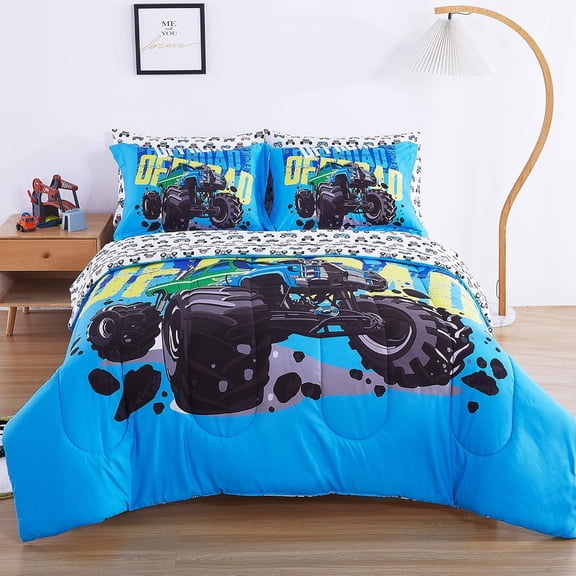 Viviland Kids Bedding Set Twin - Oeko-TEX 100 Certified Road Truck Comforter Set Bed in a Bag, Soft Breathable Microfiber Bedding with Sheets/Pillows, Cool Road Truck Adventure Theme for Boys