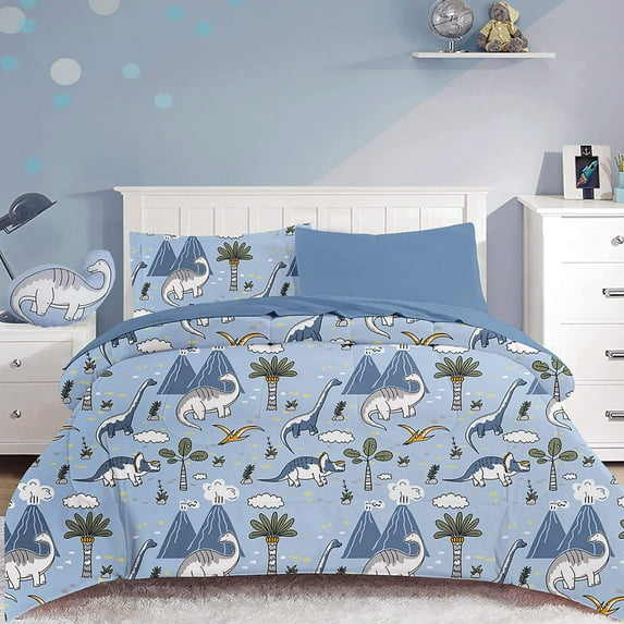 Viviland Kids Comforter Bed Set Twin Size for Boys, 6 Pieces Bed in a Bag with Shams, Sheet Set and 1 Decorative Toy Throw Pillow, Dinosaur Blue Super Twin Soft Microfiber Kids Comforter Bedding Set