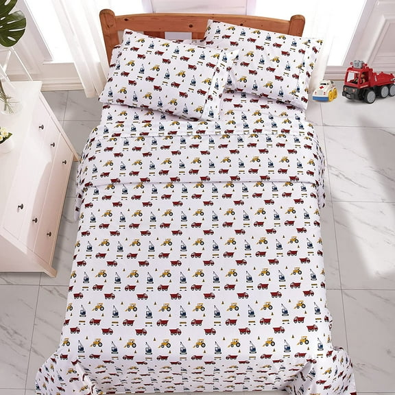 Viviland Kids Full Sheet Set Printed Boys Bed Sheets Excavator Toys Theme