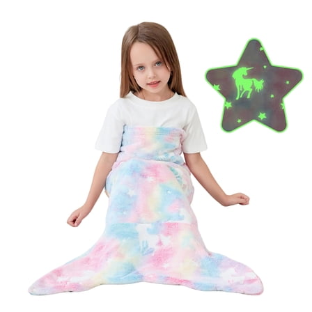 Softan Kids Mermaid Tail Blanket - Mermaid Tail Blankets Glow in The Dark - Flannel Mermaid Blanket Gifts for Girls - Luminous Unicorn Super Soft Tie Dye Girls Toys - Multicolor Unicorn 17"×39"