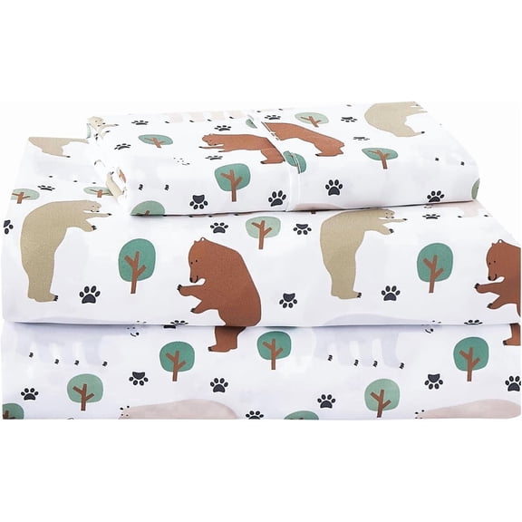 Viviland Kids Sheet Set Twin Size, Twin Sheet Set with Forest Bear Pattern?Breathable Silky Soft Microfiber Kids Fitted Sheet
