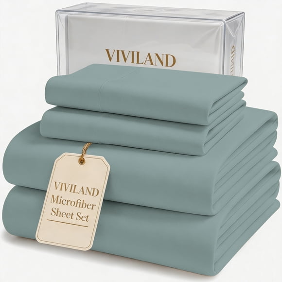 Viviland Twin Size Sheet Set, 3 Pieces Microfiber Twin Bed Fitted Sheet with 15" Deep Pocket & Non-Slip Straps, Single Bedding Sheets & Pillowcases, Misty Blue/Muted Green