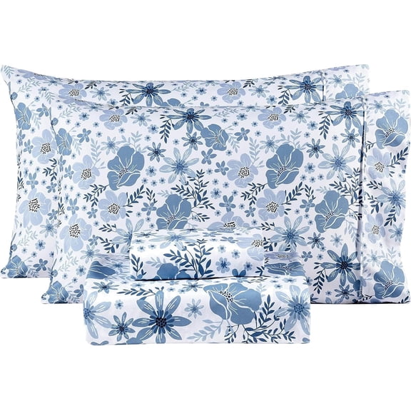 Viviland Blue & White Floral Microfiber Bed Set, Soft Breathable Deep Pocket Non-Slip Style for Twin Size Beds