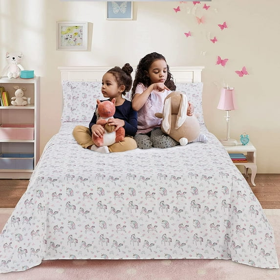 Viviland Unicorn Kids Full Sheet Set - Girls Full Sheet Set with Floral Butterfly Pattern - Kids Printed Full Microfiber Bed Sheets - Kids Girls Full Fitted Sheet