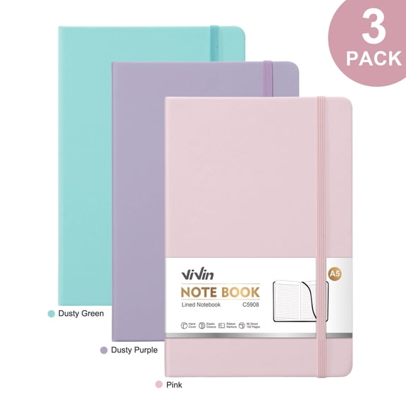 Vivin 3 Pack Journal Notebook, A5 Hardcover Leather Journals, College Ruled Lined Journal Notebook, Writing and Notebooks for office, home, school- Pink&Purple&Blue