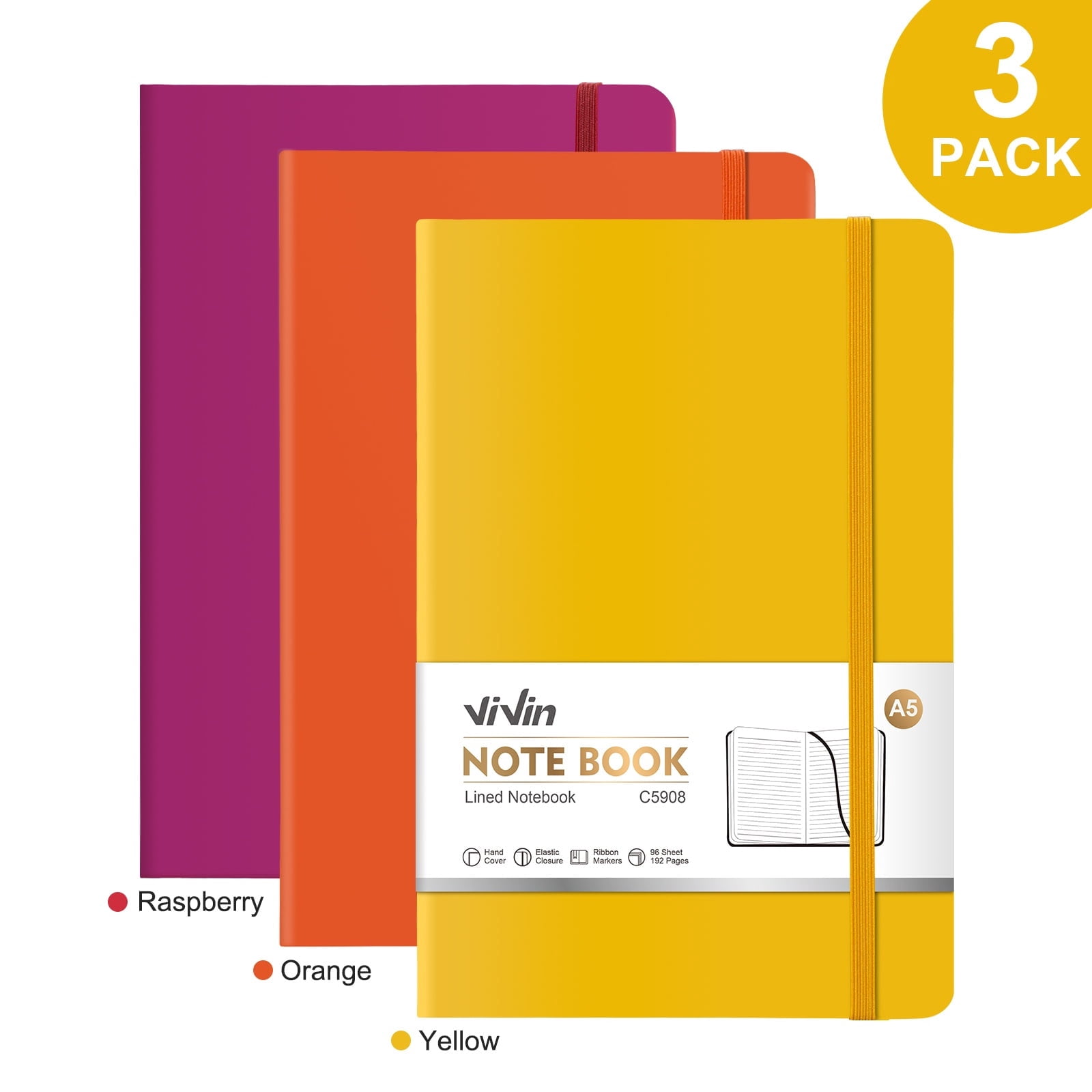 Vivin 3 Pack Journal Notebook, A5 Hardcover Leather Journals, 192 pages College Ruled Lined Journal Notebook, Writing and Notebooks for office, home, school- Pink&Purple&Blue