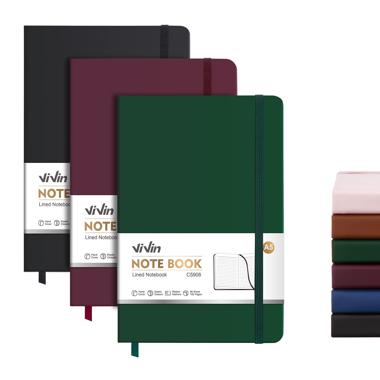 Vivin 3 Pack Lined Journal Notebooks for Writing, 192 Pages, 5.5 x 8.3 inch, Hardcover, Black, Burgundy, Dark Green